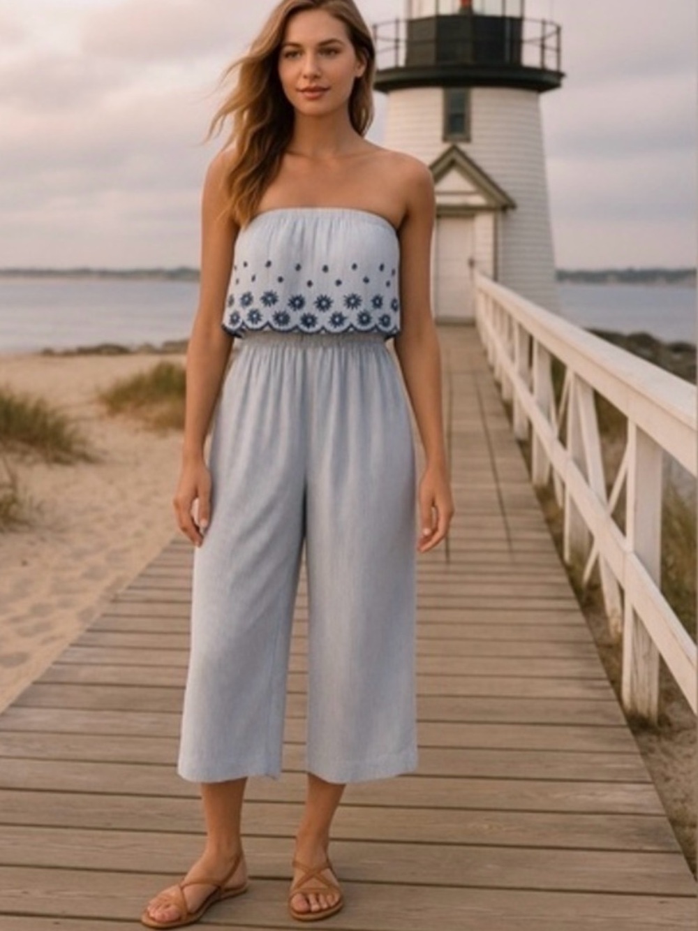 Jessica Simpson Blue White Striped Eyelet Strapless Jumpsuit Coastal EUC M #1979